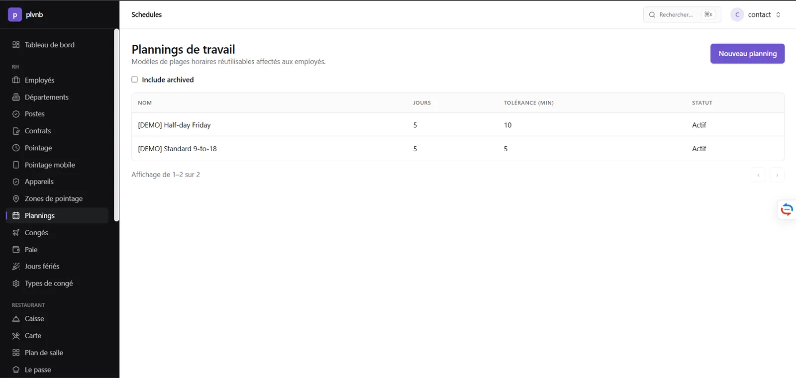 Plannings de travail et plages horaires